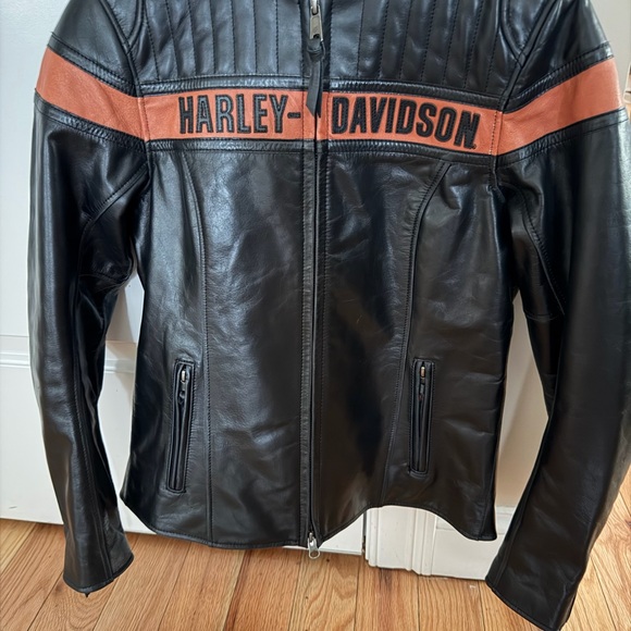 Harley-Davidson Jackets & Blazers - Harley-Davidson Black and Orange Leather Bomber Jacket